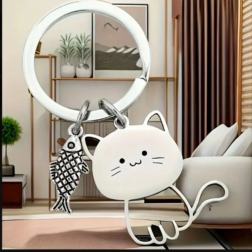 Silver Cat Keychain with Fish Charm